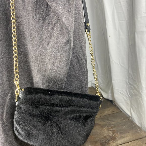 A New Day Black Pony Hair Faux Fur Small Purse Gold Chain Strap Easy Close Lock - Picture 6 of 6